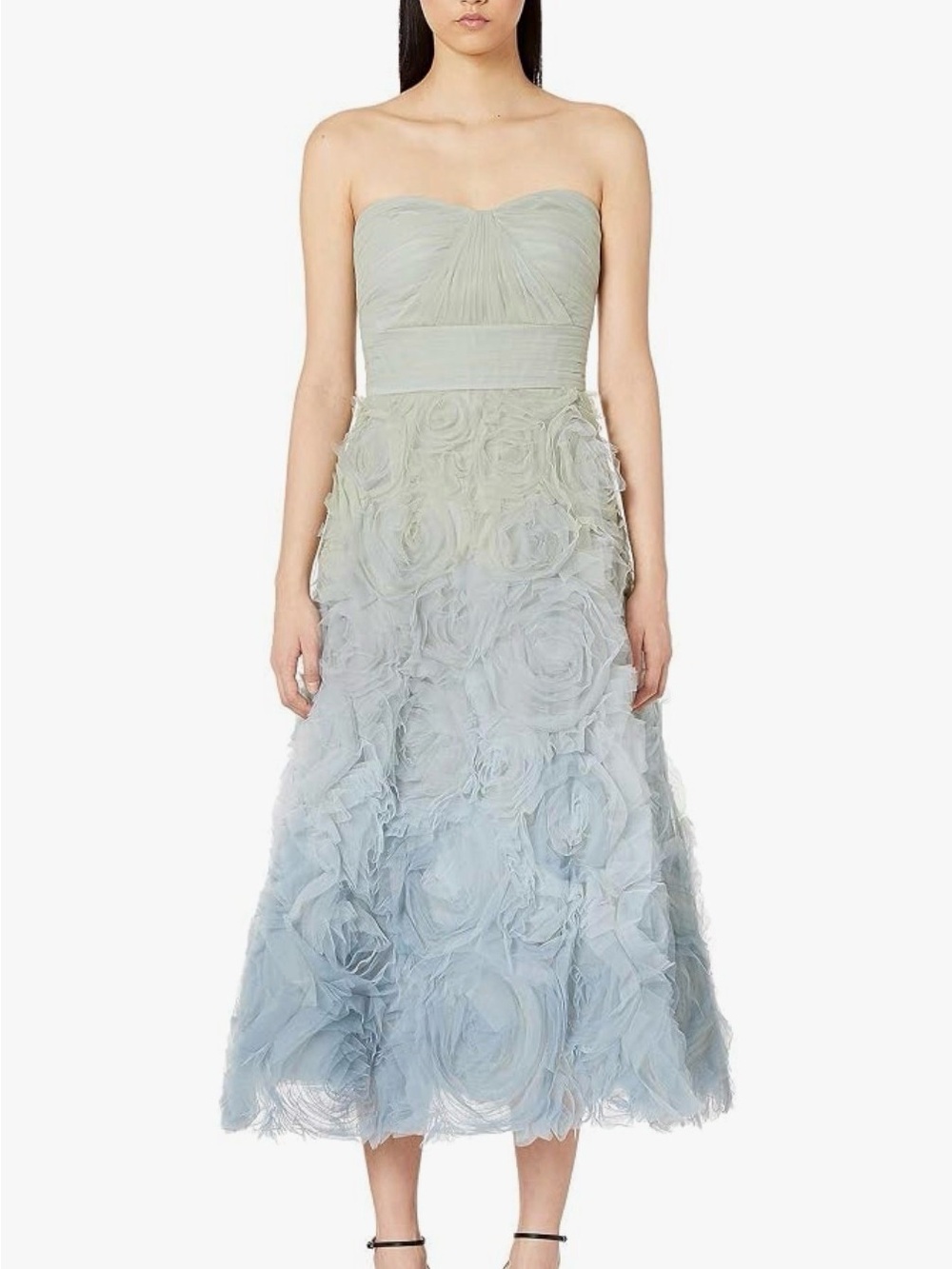 NWT Marchesa Notte Strapless Ombre Rosette Midi Dress in Sage and Blue
